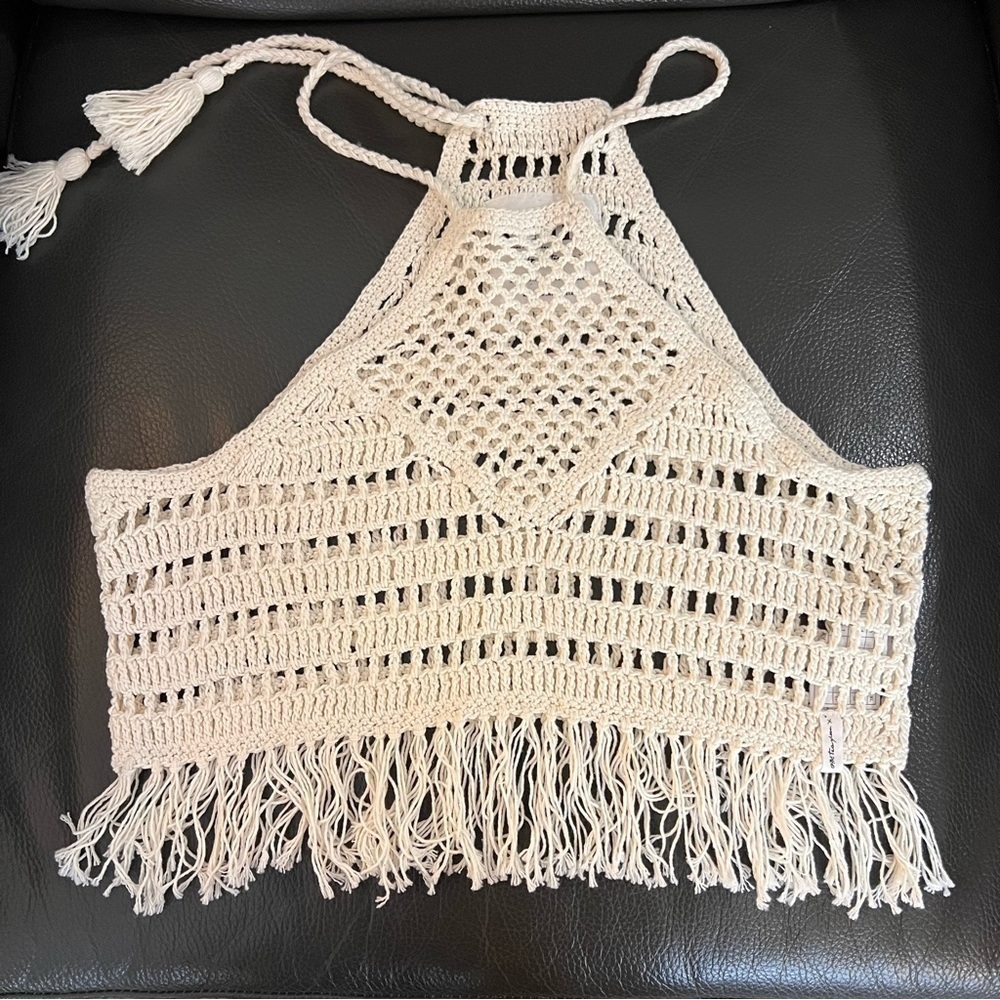 One Teaspoon Husk Bodice Crochet Halter Top Cropped with Fringe Sz S - Picture 3 of 13